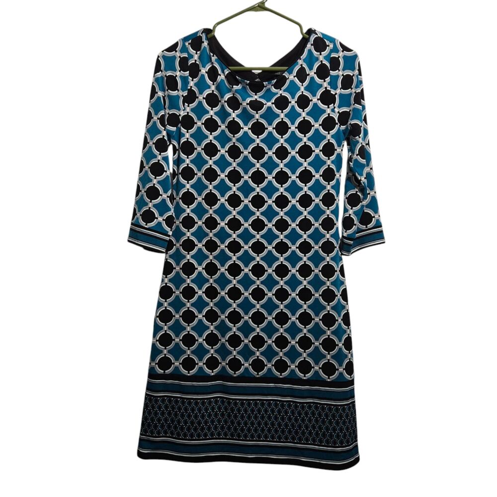 WHBM Shift Dress Women XS Black Blue Geometric 3/4 Sleeve
